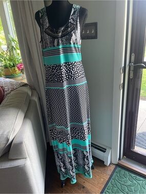 NY Collection Black & Teal Patterned Sleeveless Maxi Dress